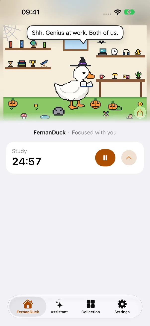 Une session de concentration dans l'app : le canard lit pendant que le minuteur tourne.