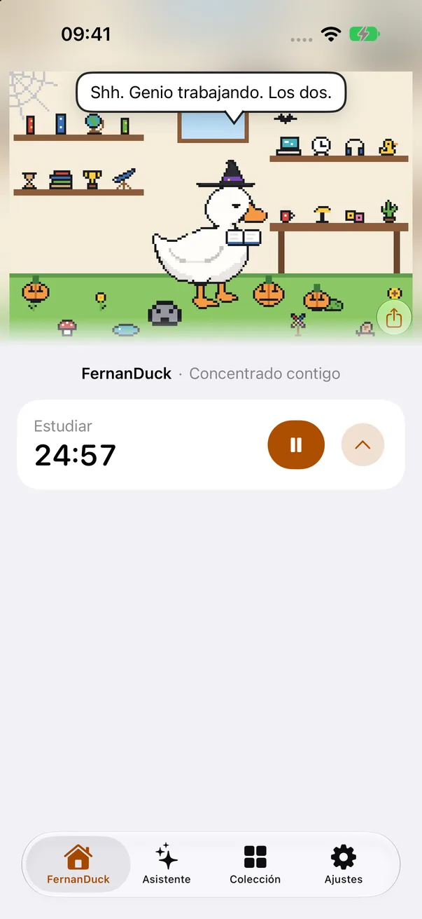Sesión de concentración en la app: el pato leyendo mientras corre el tiempo.