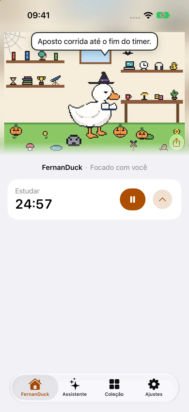 Sessão de foco no app: o pato lendo enquanto o tempo corre.